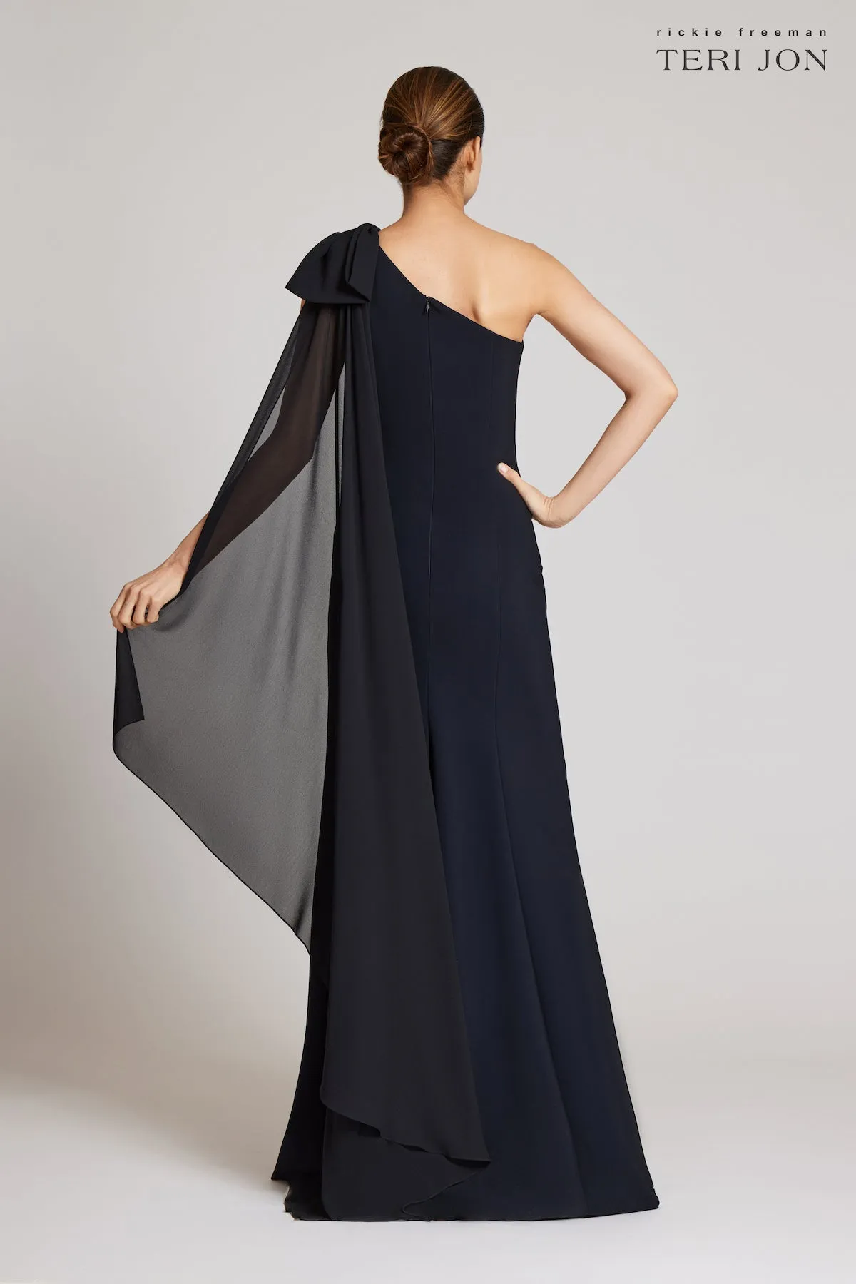 One Shoulder Scuba Gown With Chiffon Cape sold by Teri Jon product image thumbnail 4