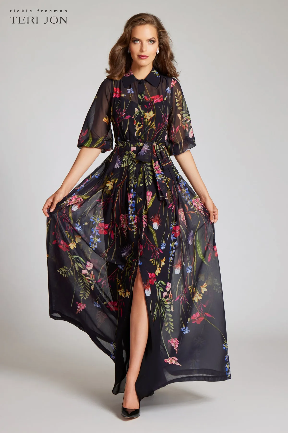 Chiffon Shirt Waist Gown sold by Teri Jon product image thumbnail 3