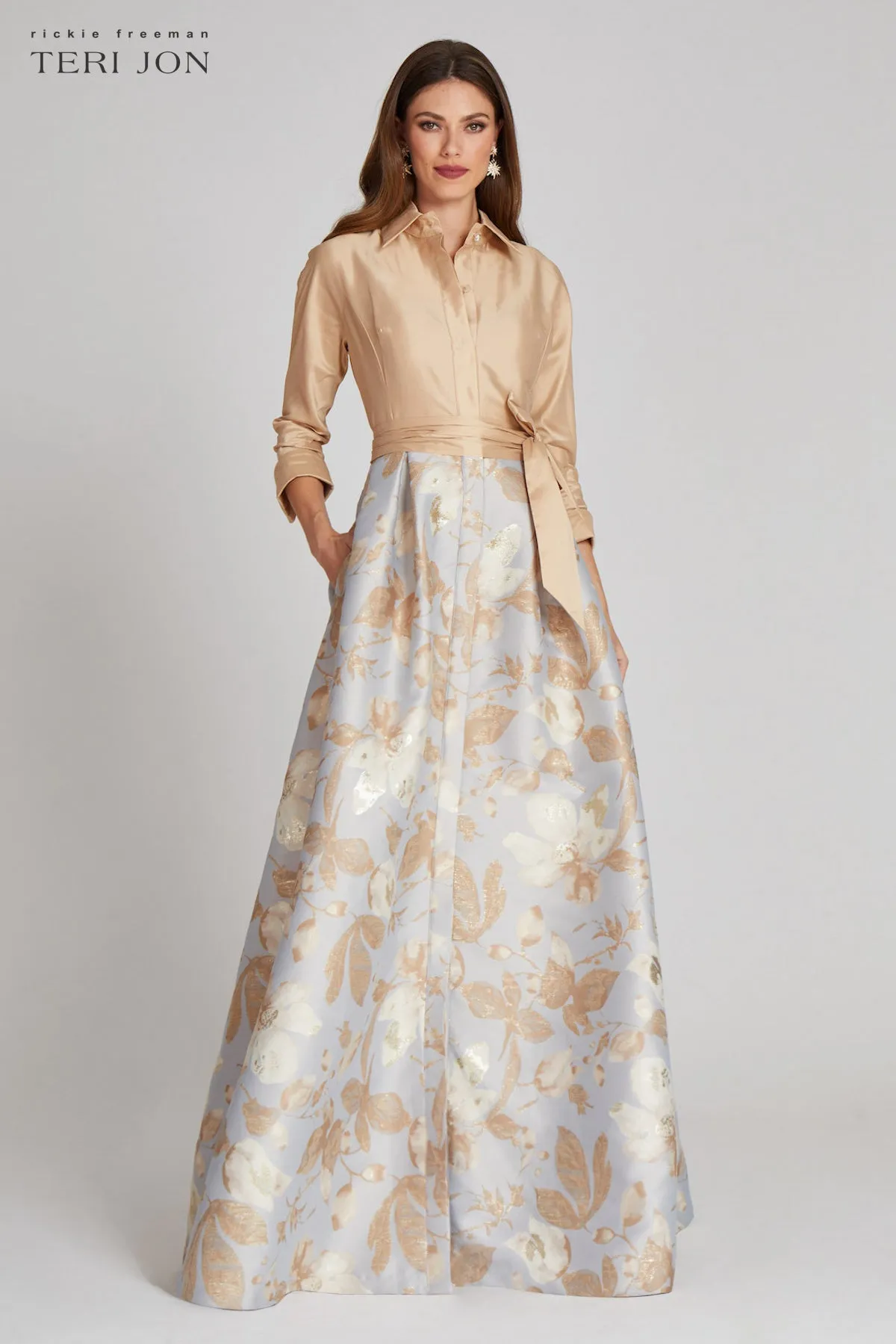 Taffeta Shirt Gown With Jacquard Floral Skirt sold by Teri Jon product image thumbnail 3