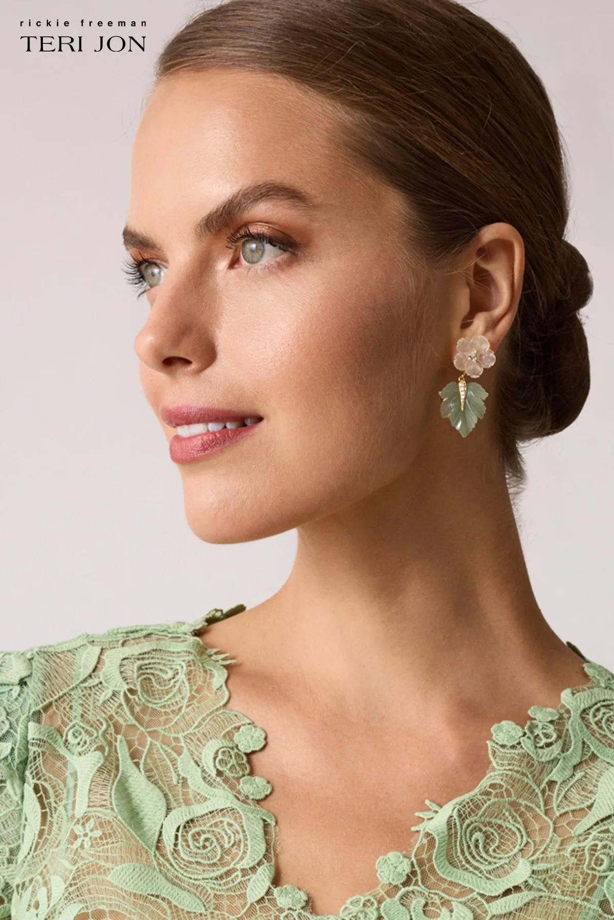 Carved Flower and Aventurine Leaf Drop Earrings sold by Teri Jon product image thumbnail 3