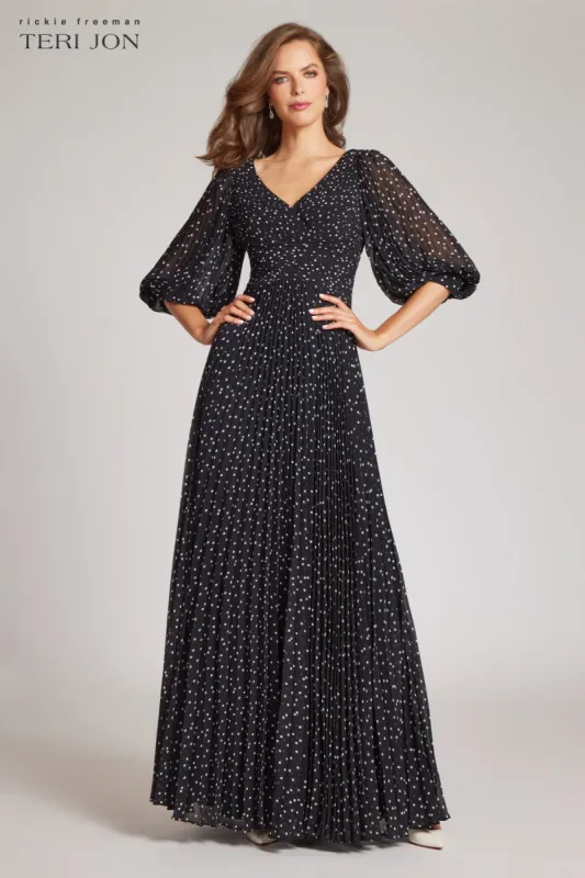Chiffon Pleated Polka Dot V-Neck Gown sold by Teri Jon