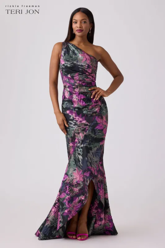 Floral Jacquard One Shoulder Evening Gown sold by Teri Jon