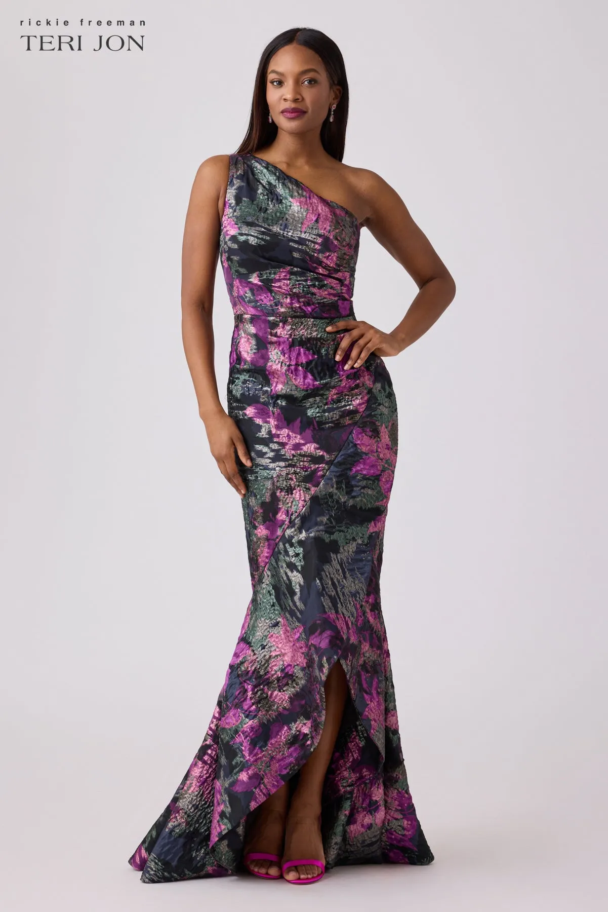 Floral Jacquard One Shoulder Evening Gown sold by Teri Jon
