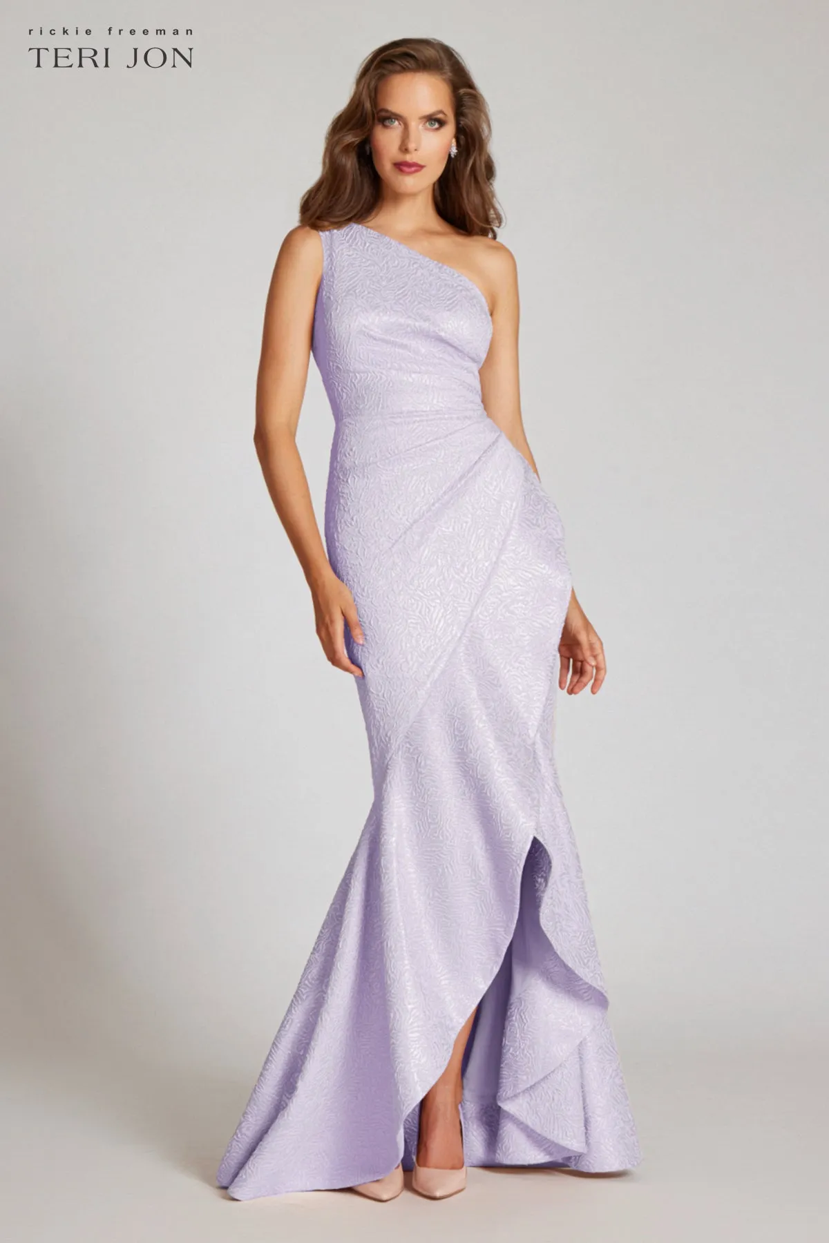 Metallic Jacquard One Shoulder Side Draped Gown sold by Teri Jon product image thumbnail 4