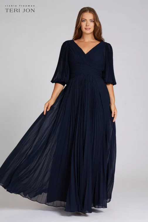 Chiffon Puff Sleeve Pleated VNeck Gown sold by Teri Jon product image thumbnail 2