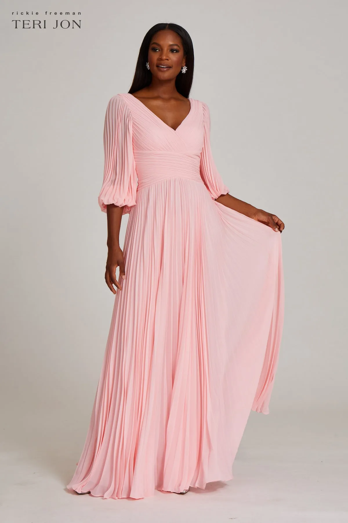 Chiffon Puff Sleeve Pleated VNeck Gown sold by Teri Jon product image thumbnail 5