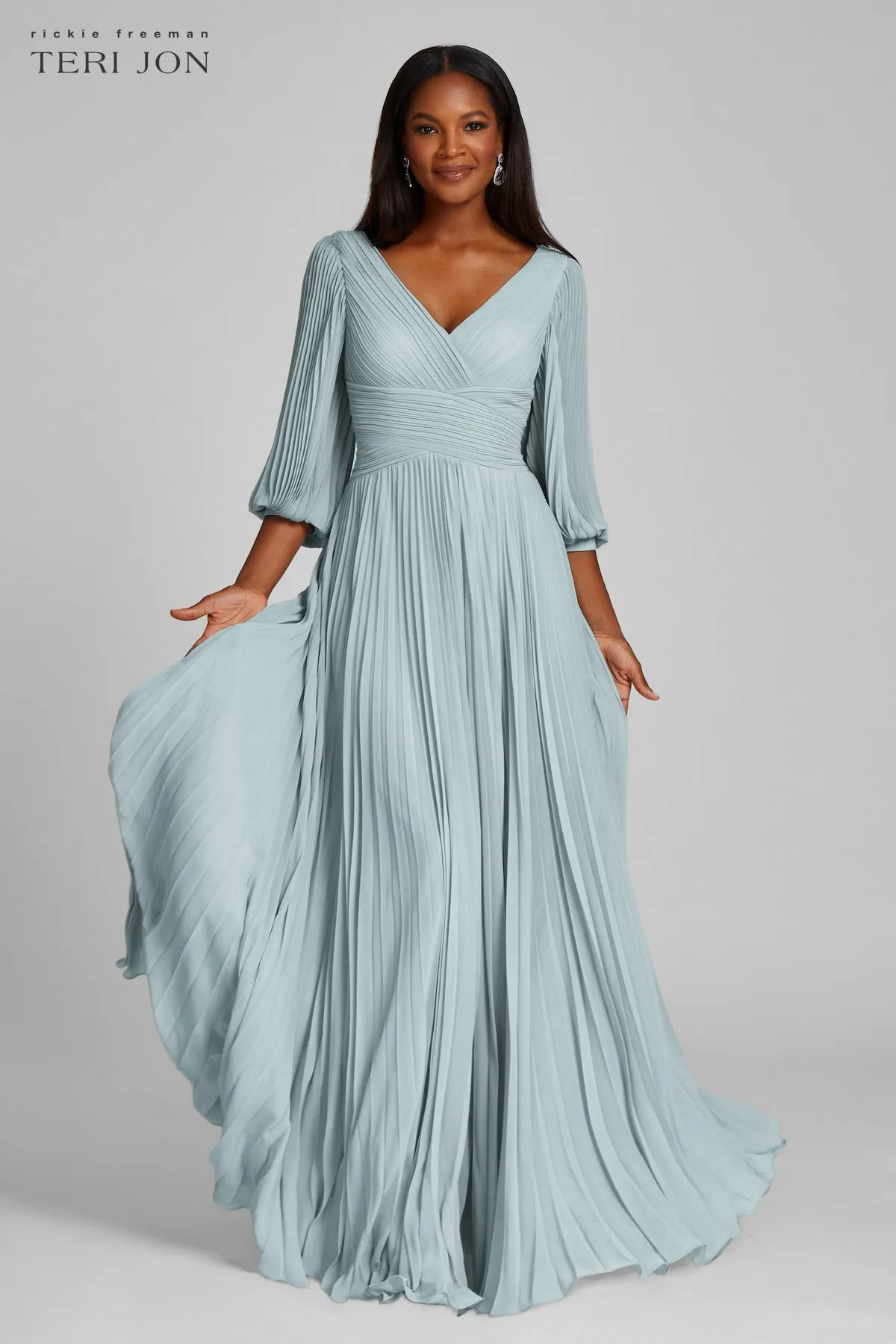 Chiffon Puff Sleeve Pleated VNeck Gown sold by Teri Jon product image thumbnail 3