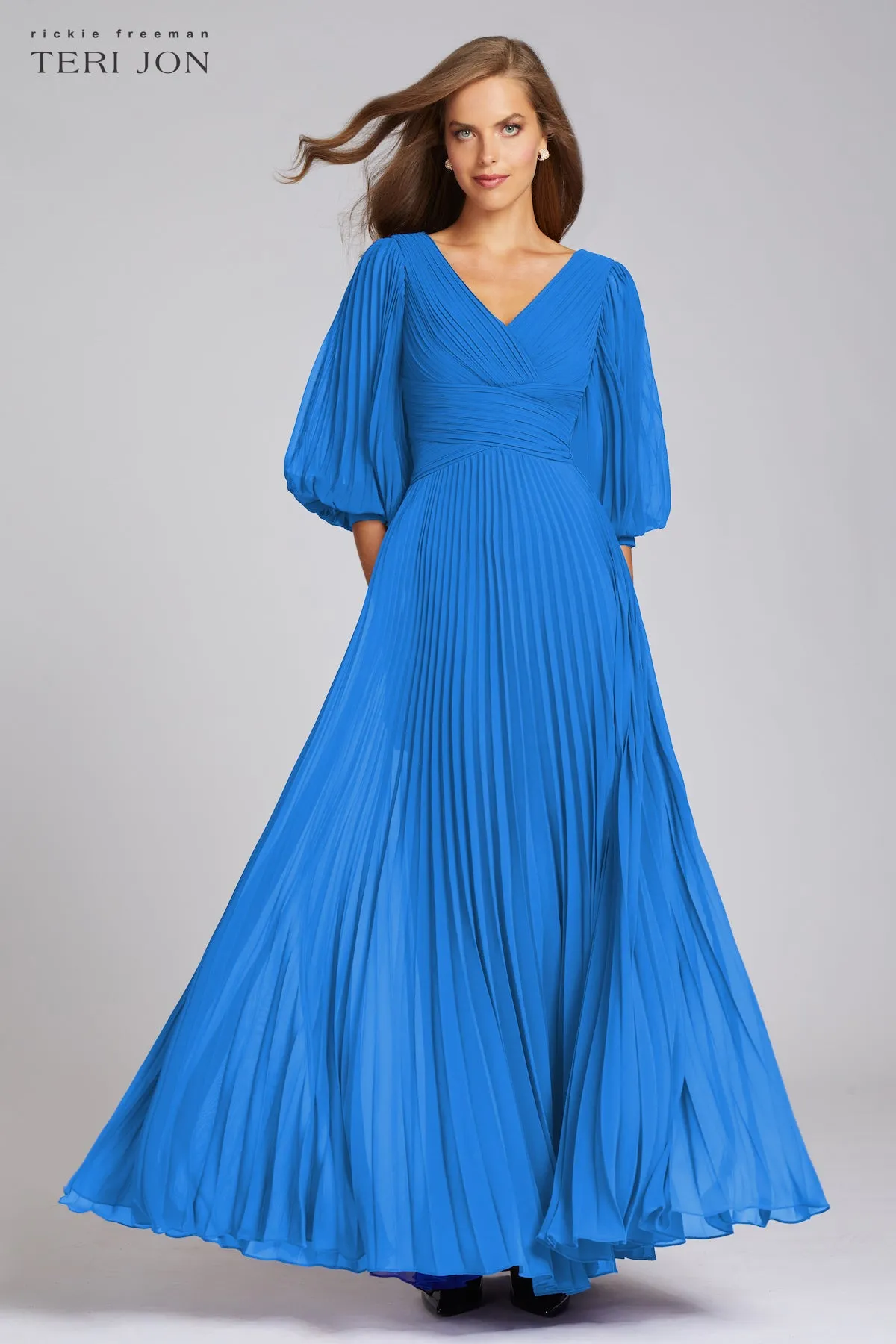Chiffon Puff Sleeve Pleated VNeck Gown sold by Teri Jon product image thumbnail 4
