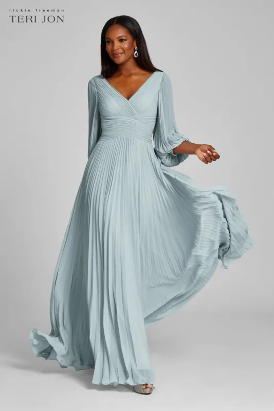 Chiffon Puff Sleeve Pleated VNeck Gown sold by Teri Jon