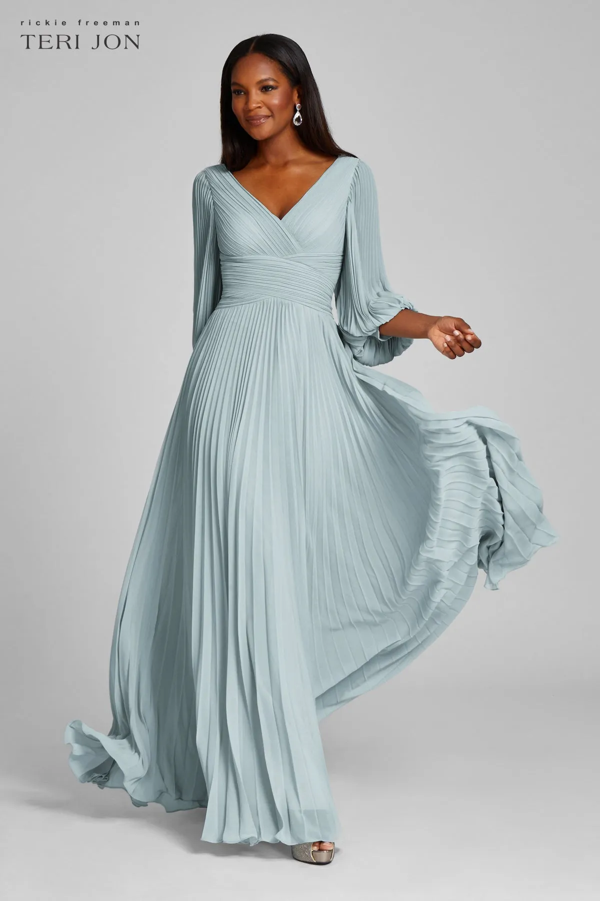 Chiffon Puff Sleeve Pleated VNeck Gown sold by Teri Jon