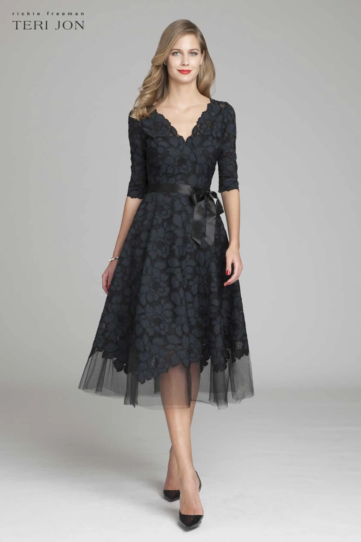 3/4 Sleeve Lace and Tulle Fit and Flare Dress sold by Teri Jon product image thumbnail 5