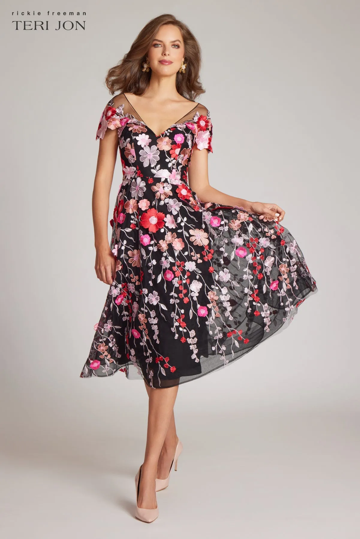 Floral Embroidered V Neck Dress sold by Teri Jon product image thumbnail 3