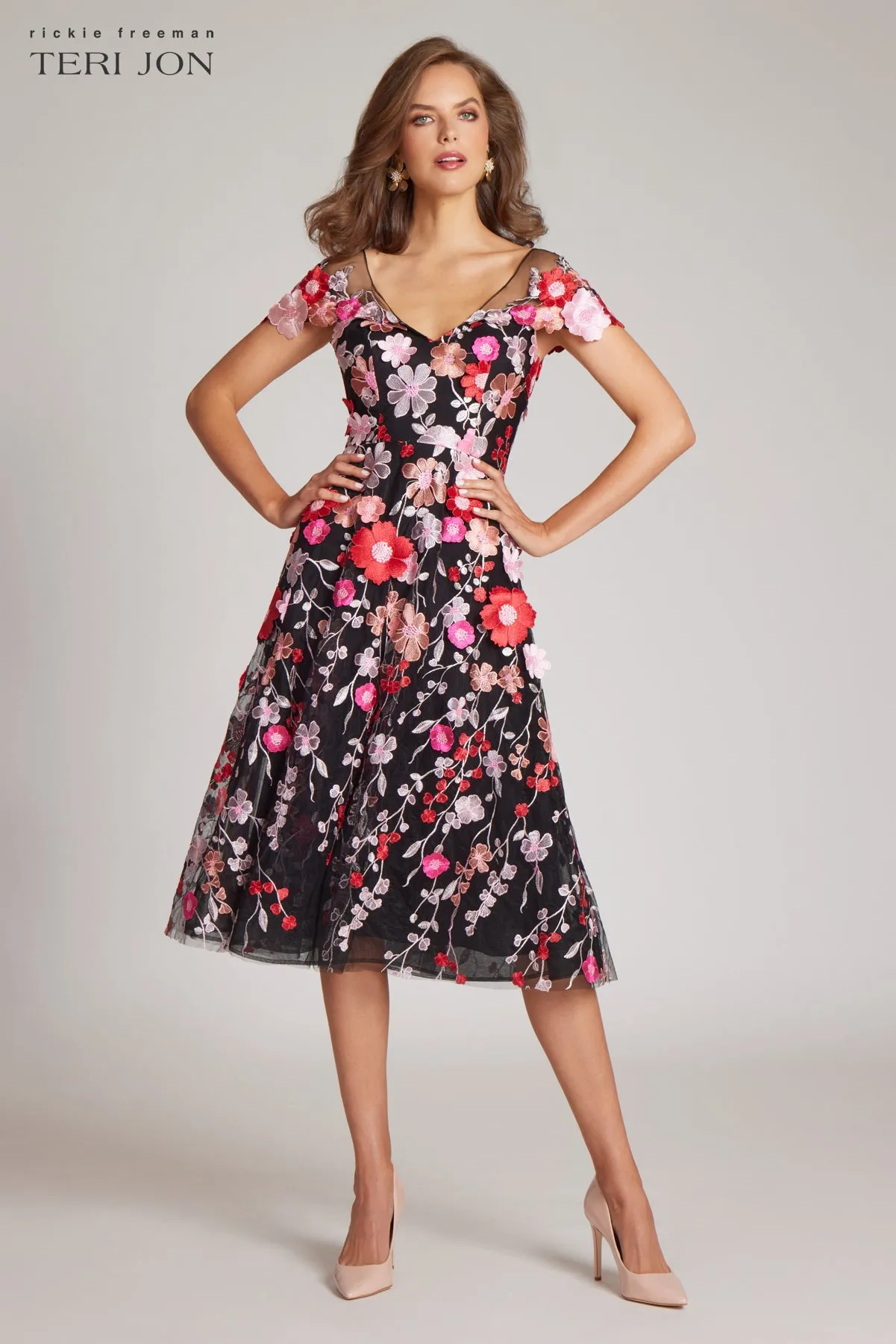 Floral Embroidered V Neck Dress sold by Teri Jon