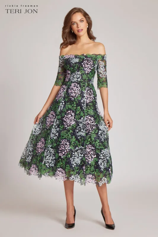 Floral and Lace Off The Shoulder Daytime Dress sold by Teri Jon