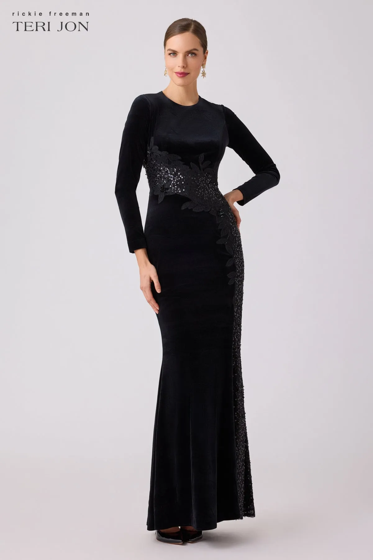 Stretch Velvet Beaded Mesh Inset Gown sold by Teri Jon product image thumbnail 3