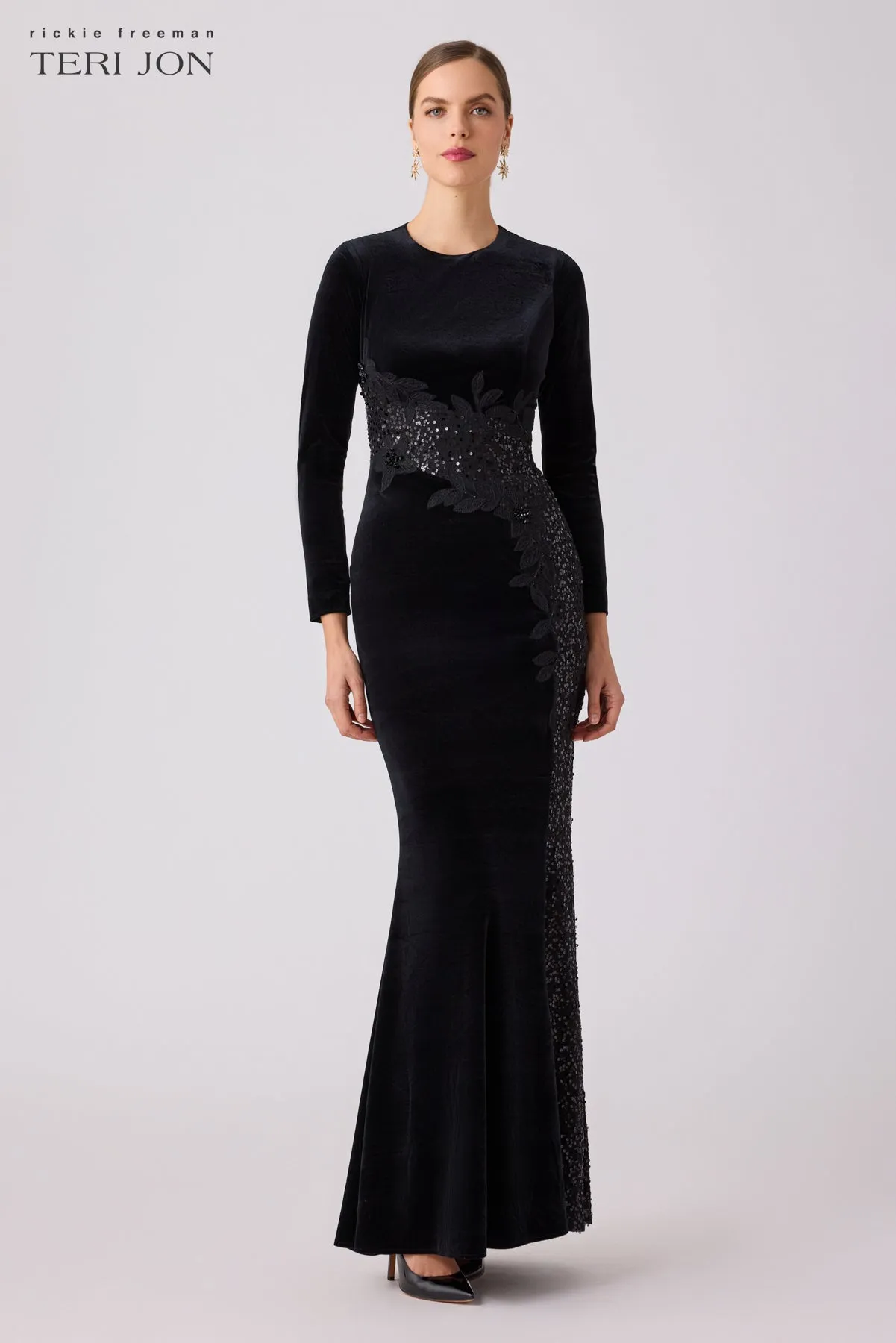 Stretch Velvet Beaded Mesh Inset Gown sold by Teri Jon