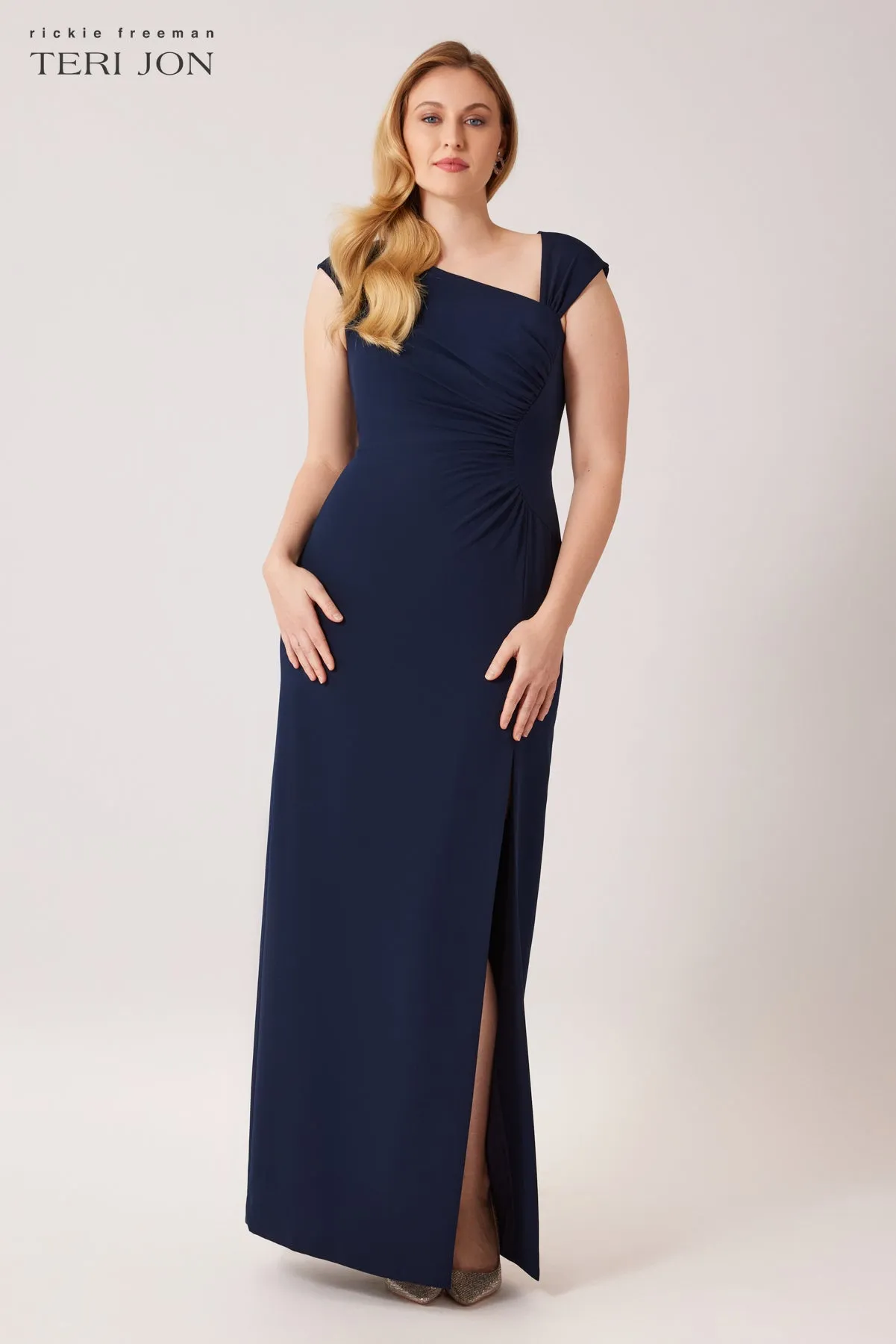 Crepe Asymmetrical Neck Rouched Bodice Gown sold by Teri Jon product image thumbnail 2