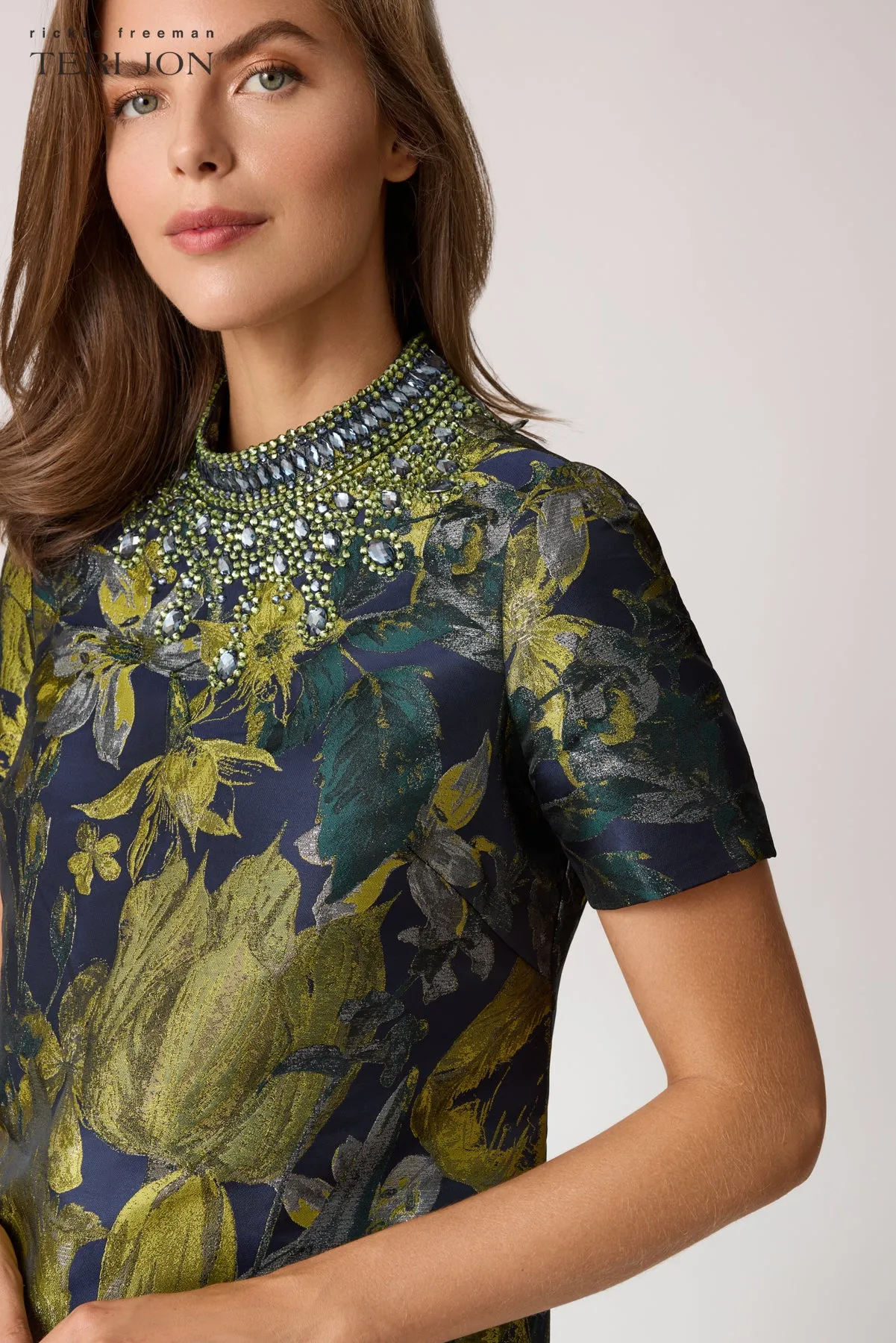 Floral Jacquard Bead Mock Neck A-Line Dress sold by Teri Jon product image thumbnail 4