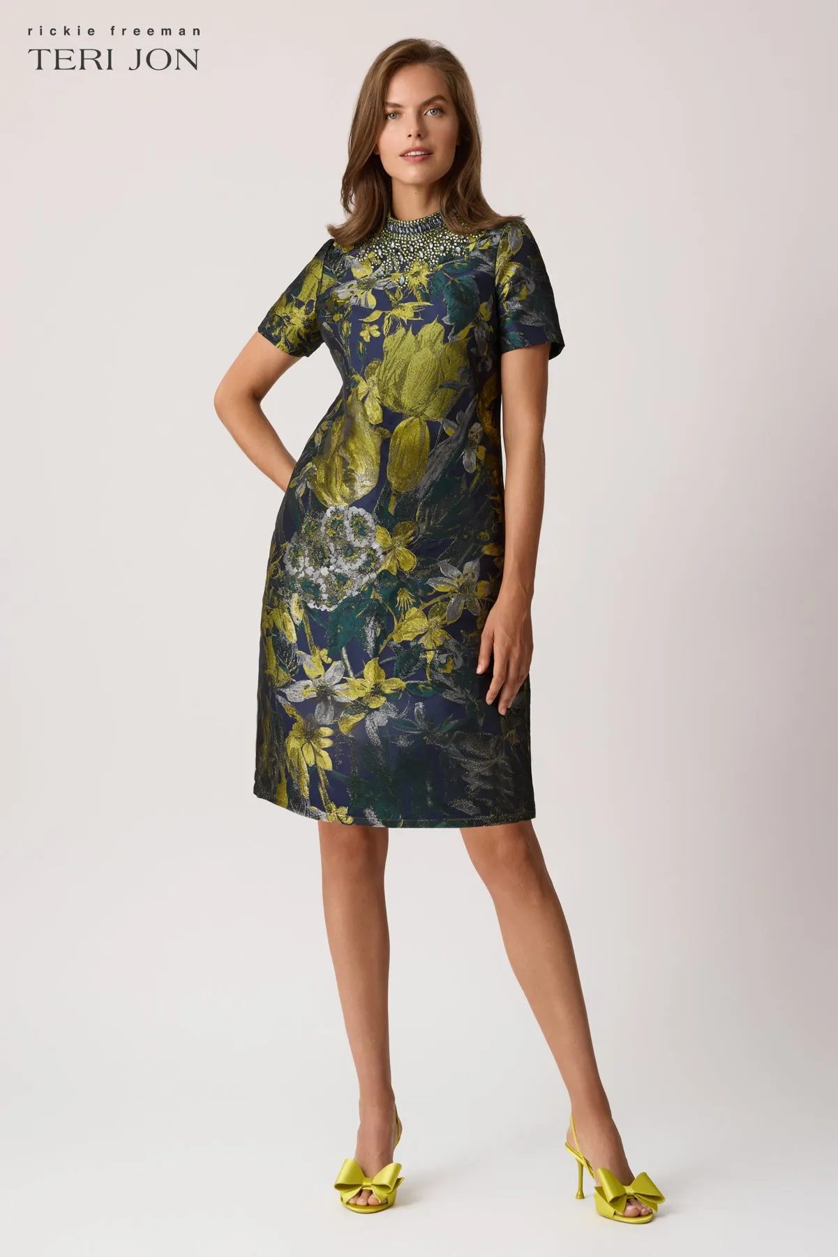 Floral Jacquard Bead Mock Neck A-Line Dress sold by Teri Jon product image thumbnail 3