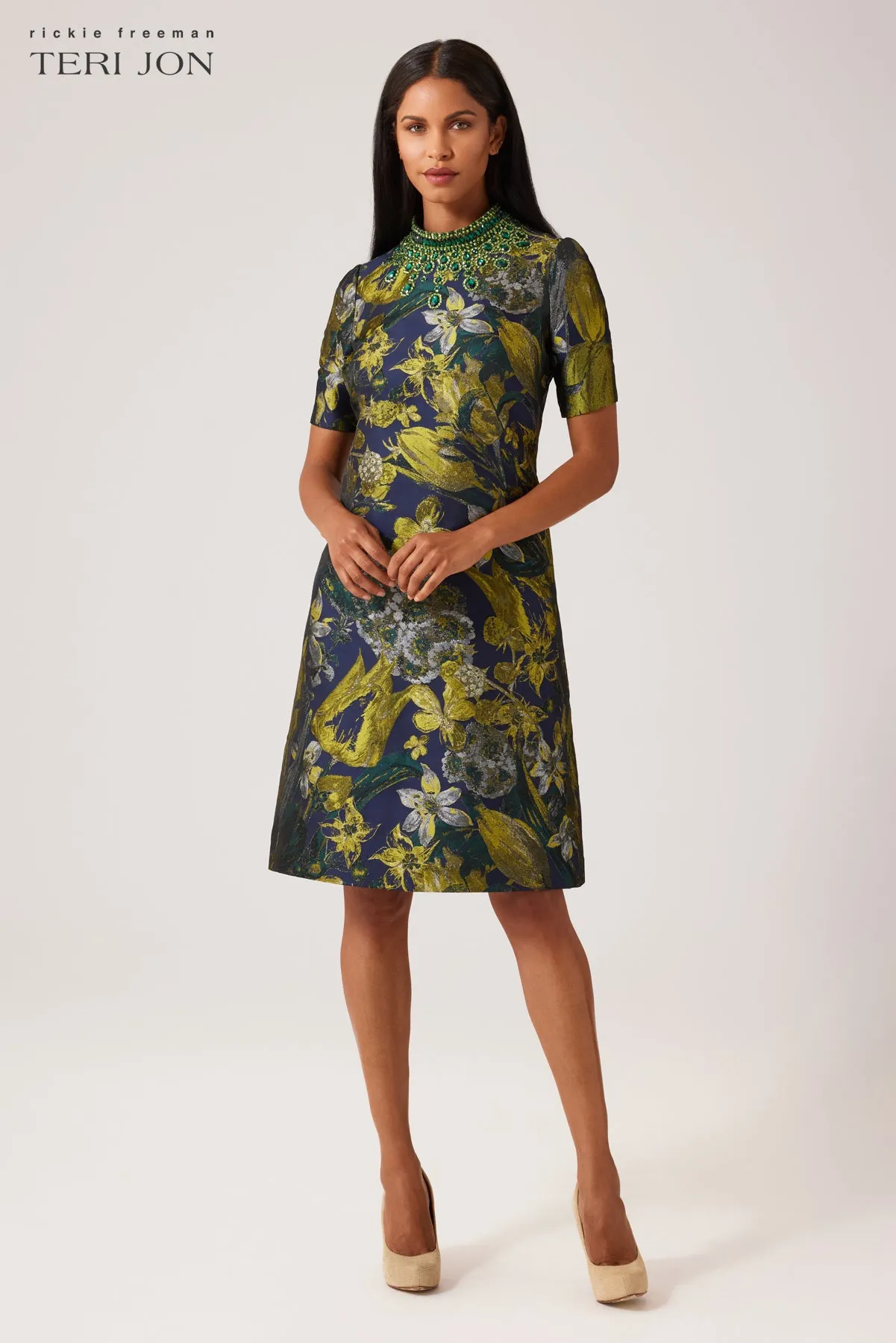 Floral Jacquard Bead Mock Neck A-Line Dress sold by Teri Jon