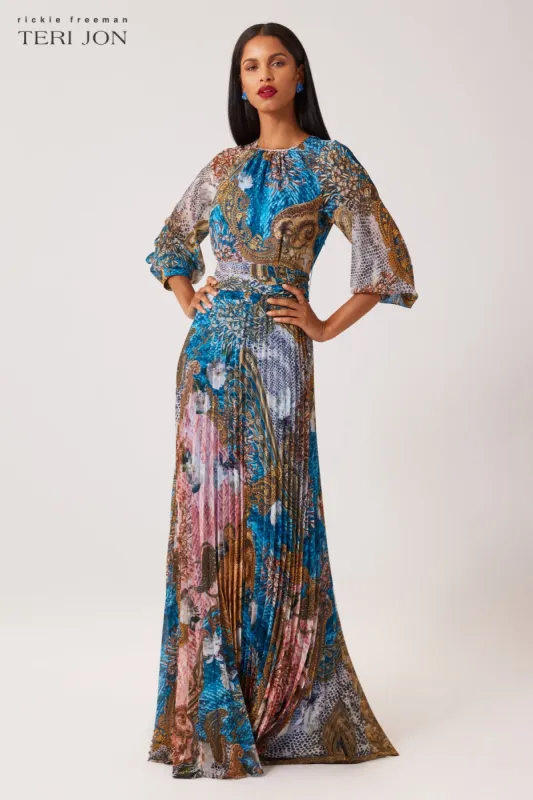 Chiffon Paisley Pleated Maxi Gown sold by Teri Jon