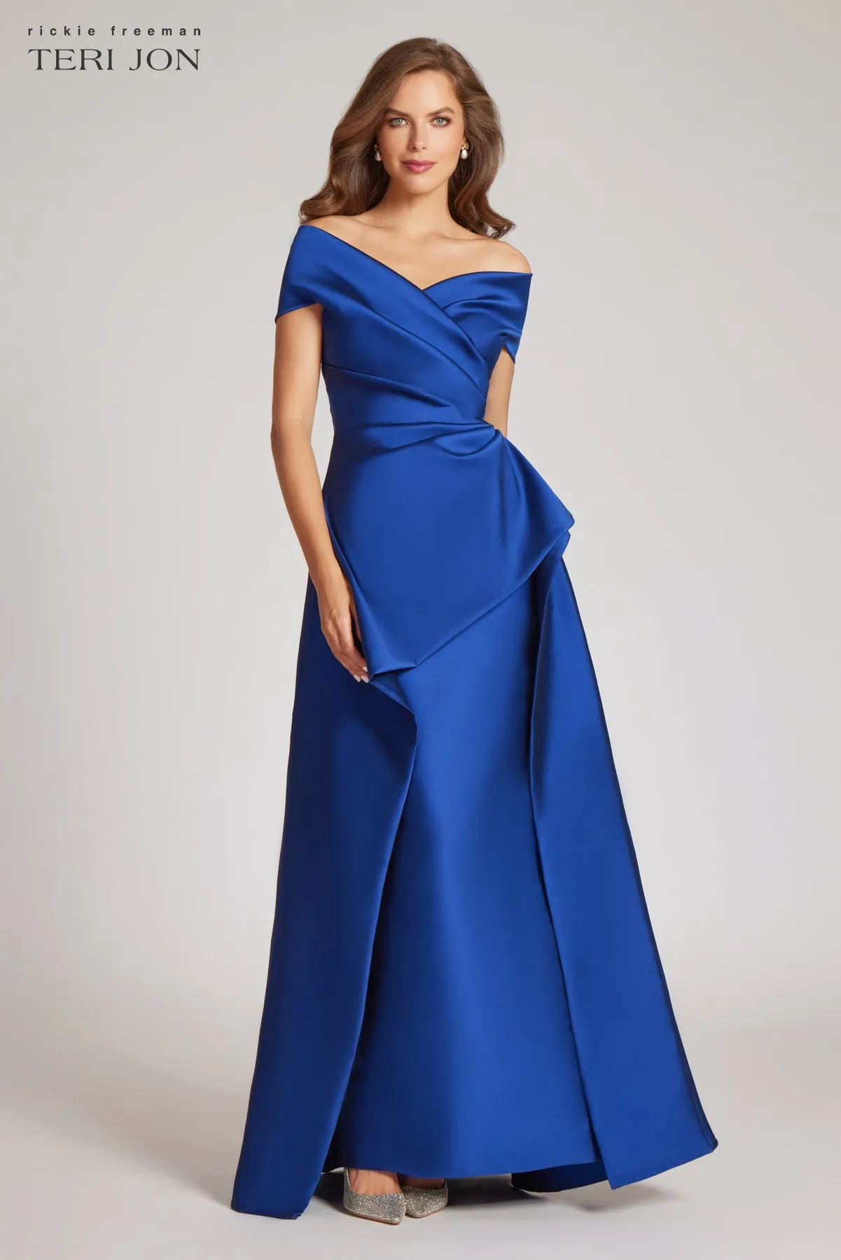 Royal Blue Mikado Stretch Gown With Overskirt sold by Teri Jon