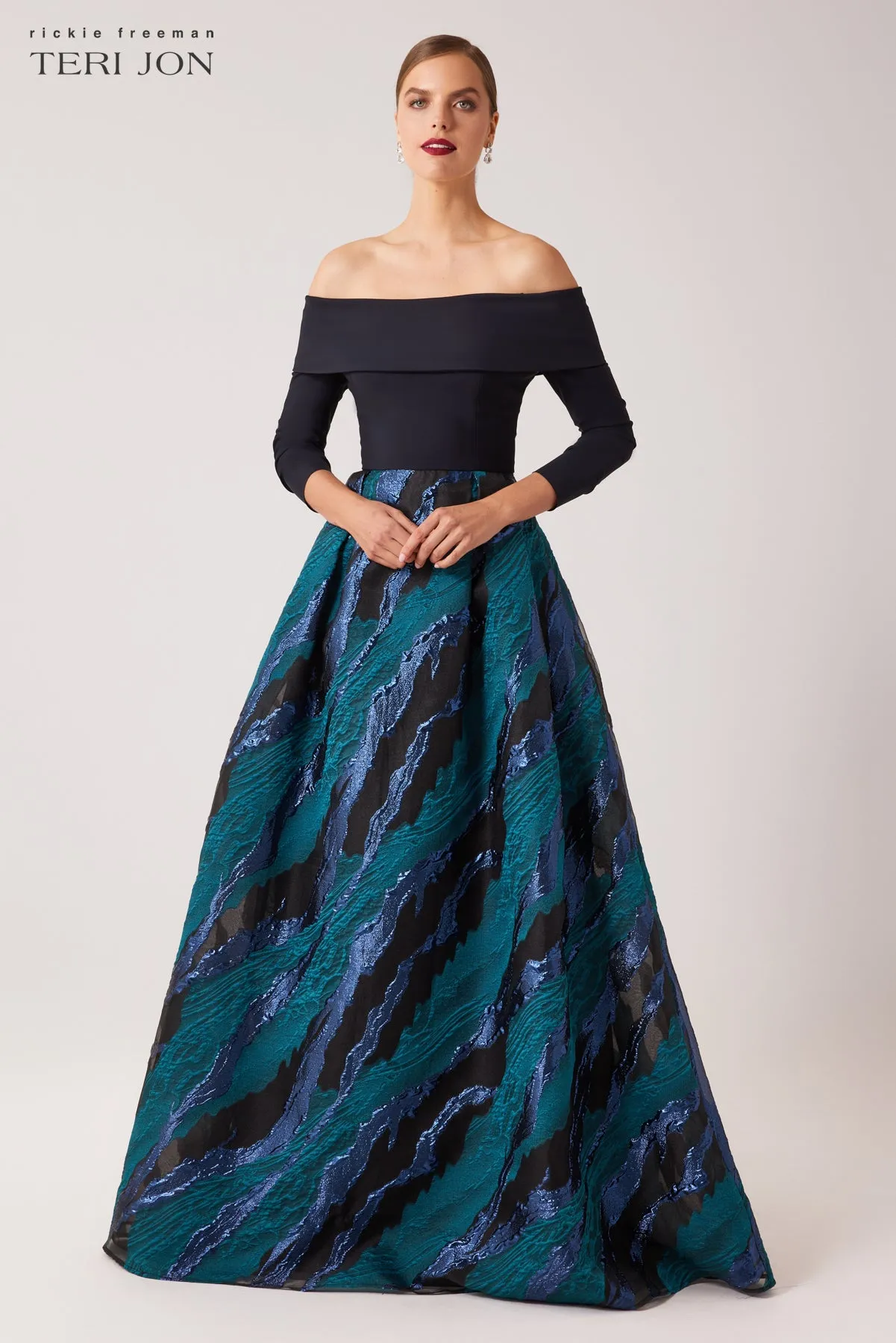 Off Shoulder Organza And Jacquard Gown sold by Teri Jon