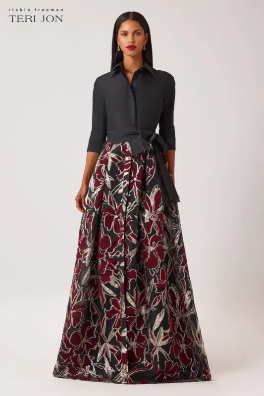 Taffeta Metallic Floral Organza Shirt Gown sold by Teri Jon