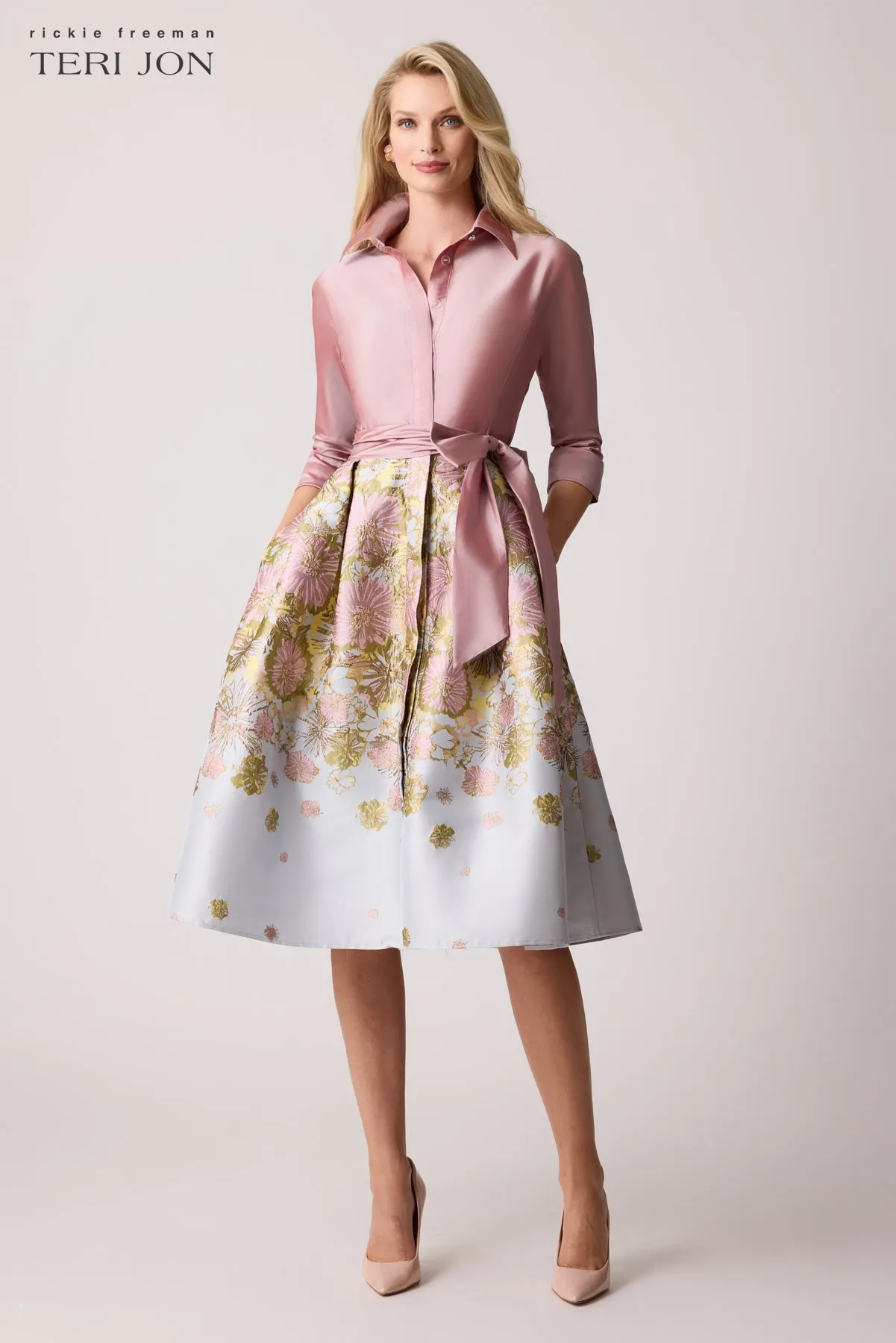 Taffeta Floral Jacquard Shirt Dress sold by Teri Jon product image thumbnail 2