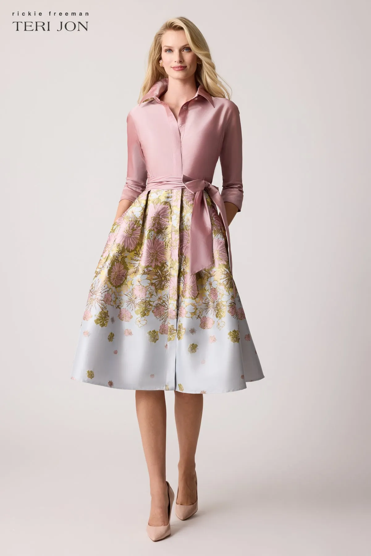 Taffeta Floral Jacquard Shirt Dress sold by Teri Jon product image thumbnail 3