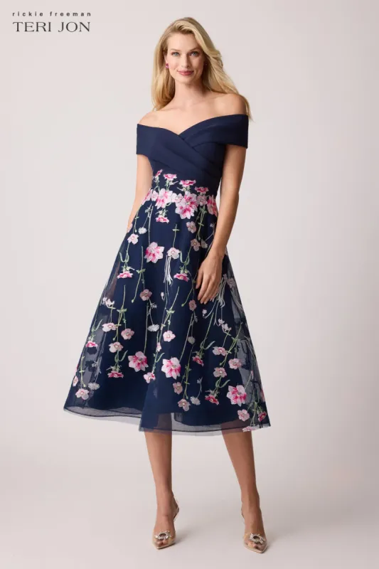 Crepe Off Shoulder Embroidered Tulle Dress sold by Teri Jon