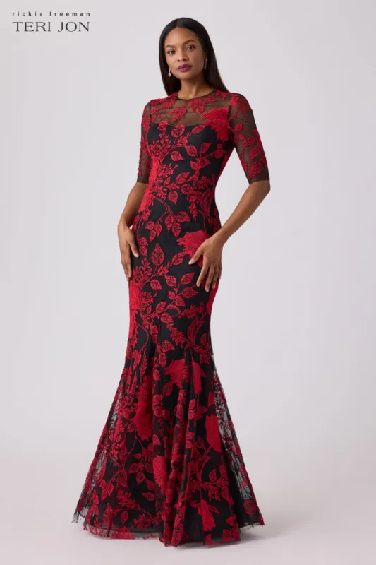 Embroidered Point D'Esprit Godet Gown sold by Teri Jon