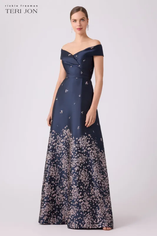 Jacquard Floral Border Cuff Bodice Gown sold by Teri Jon