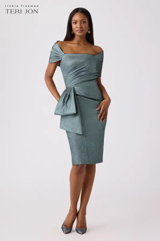 Stretch Metallic Faux Wrap Bodice Sheath Dress sold by Teri Jon