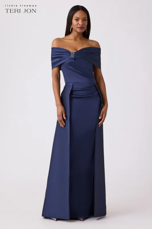 Stretch Gazar Off the Shoulder Draped Gown sold by Teri Jon