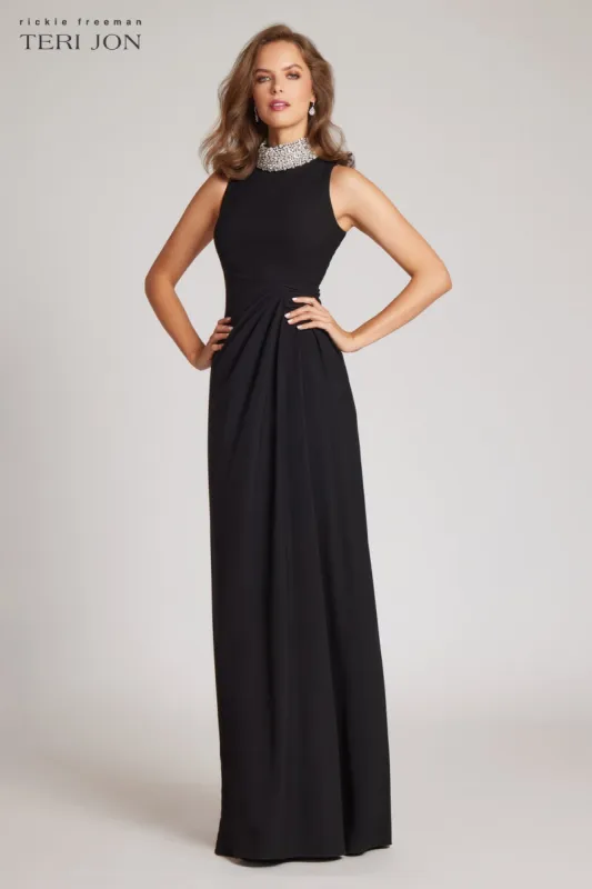 Black Sleeveless Rhinestone Sarong Evening Gown sold by Teri Jon