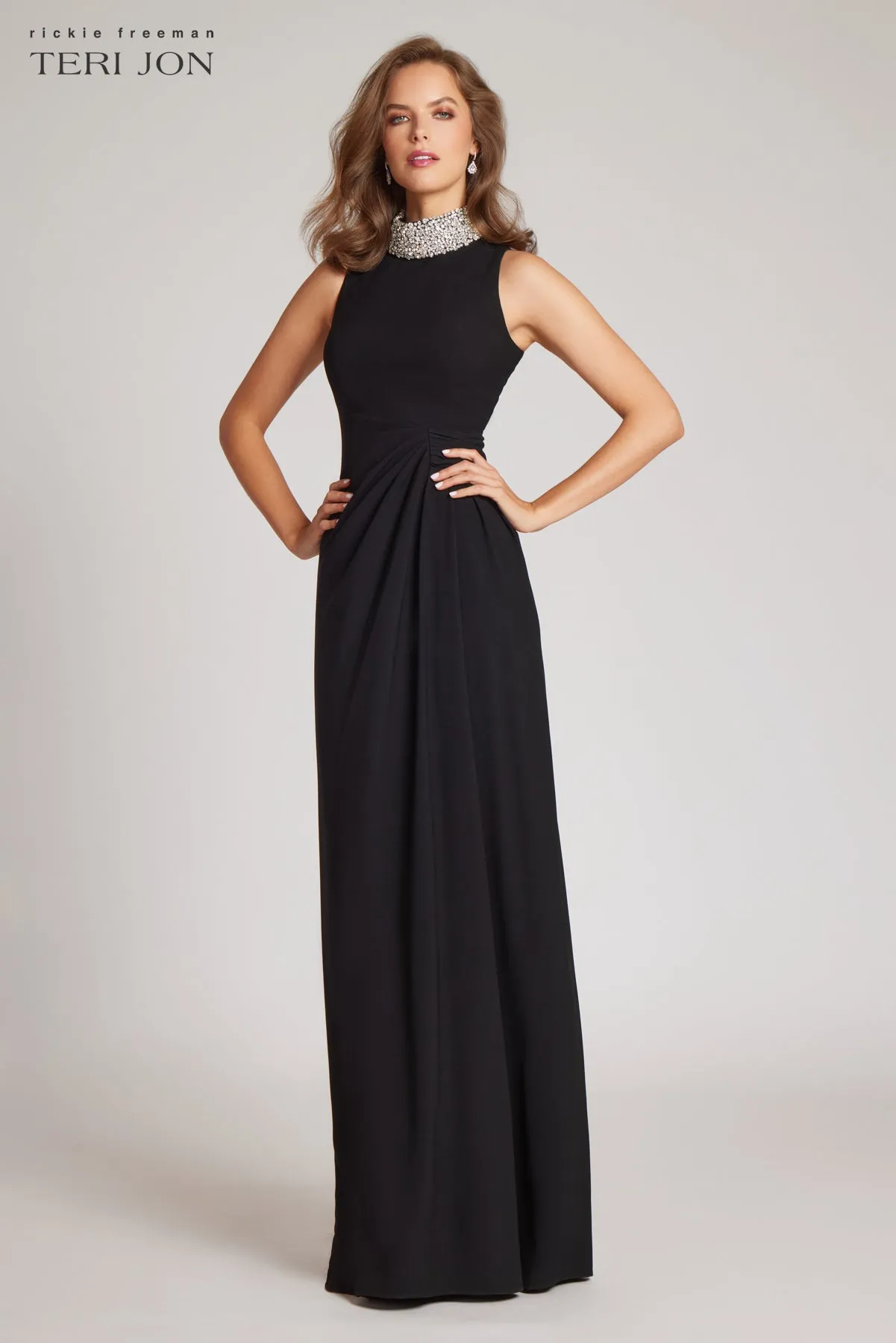 Black Sleeveless Rhinestone Sarong Evening Gown sold by Teri Jon