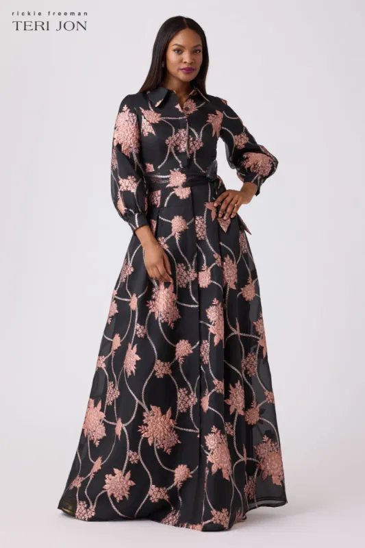 Organza And Jacquard Floral Print Shirt Gown sold by Teri Jon