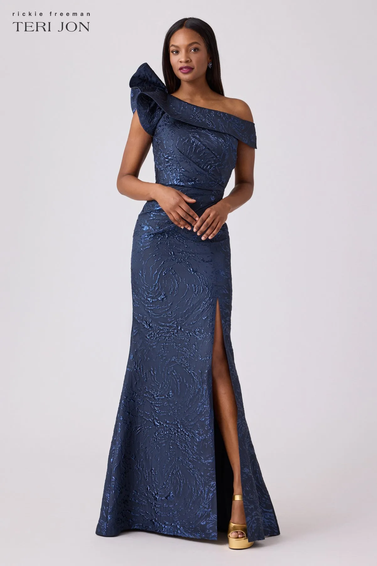 Swirl Jacquard Ruffle Gown sold by Teri Jon