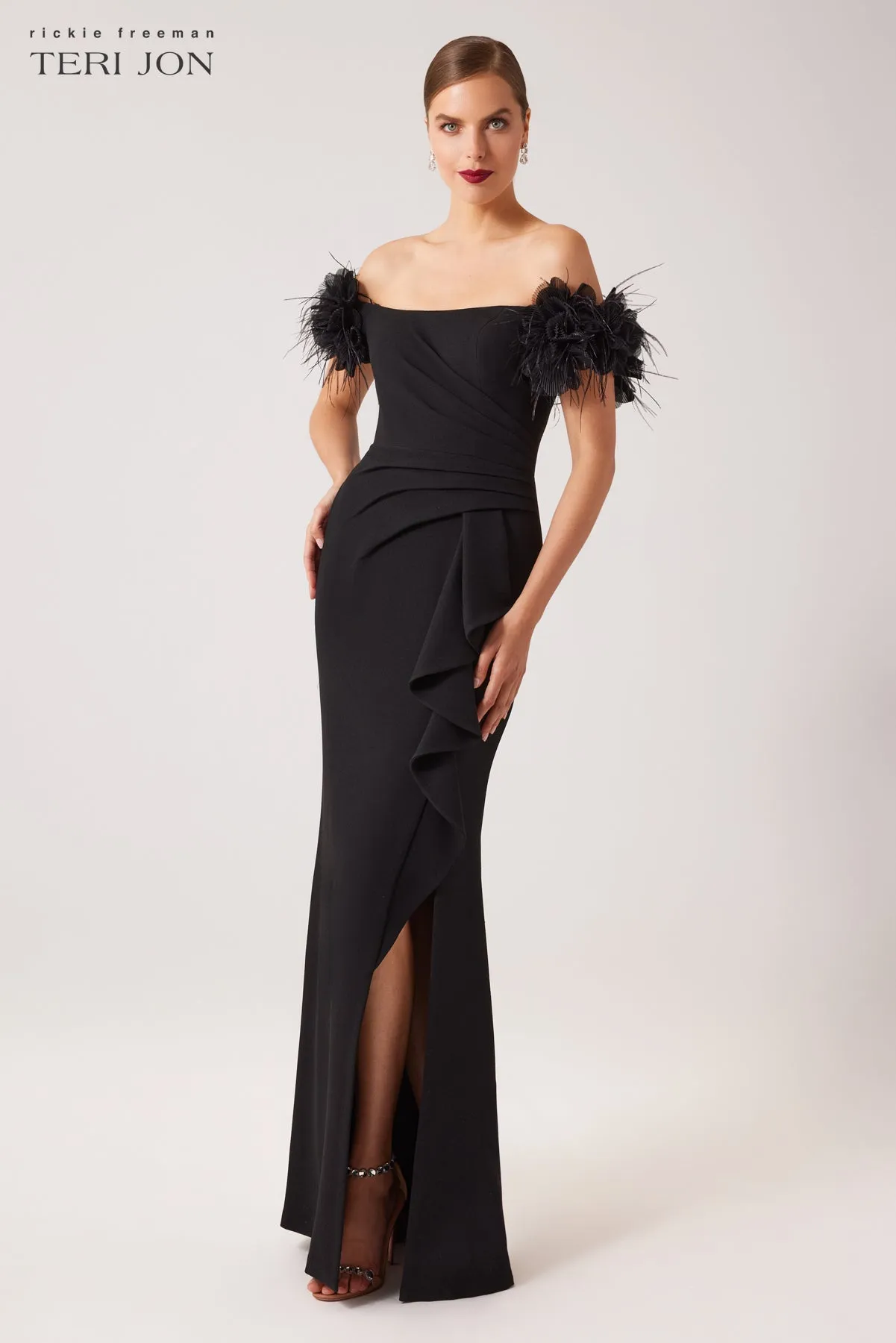 Crepe Evening Gown With Feather Puff Sleeves sold by Teri Jon product image thumbnail 2