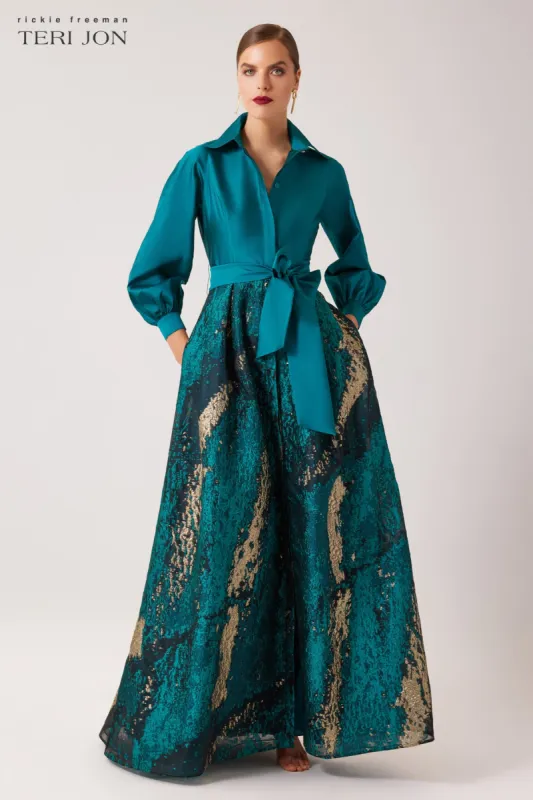 Taffeta and Metallic Jacquard Shirt Waist Gown sold by Teri Jon