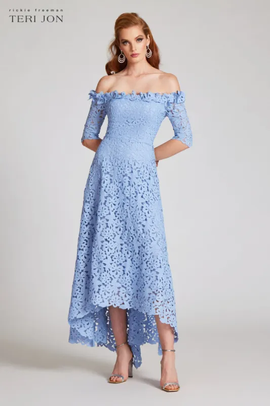 Cotton Lace Off the Shoulder High Low Dress sold by Teri Jon