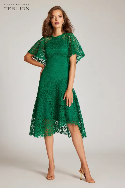 Lace Fit N Flare Flounce Sleeve High Low Dress made by Teri Jon