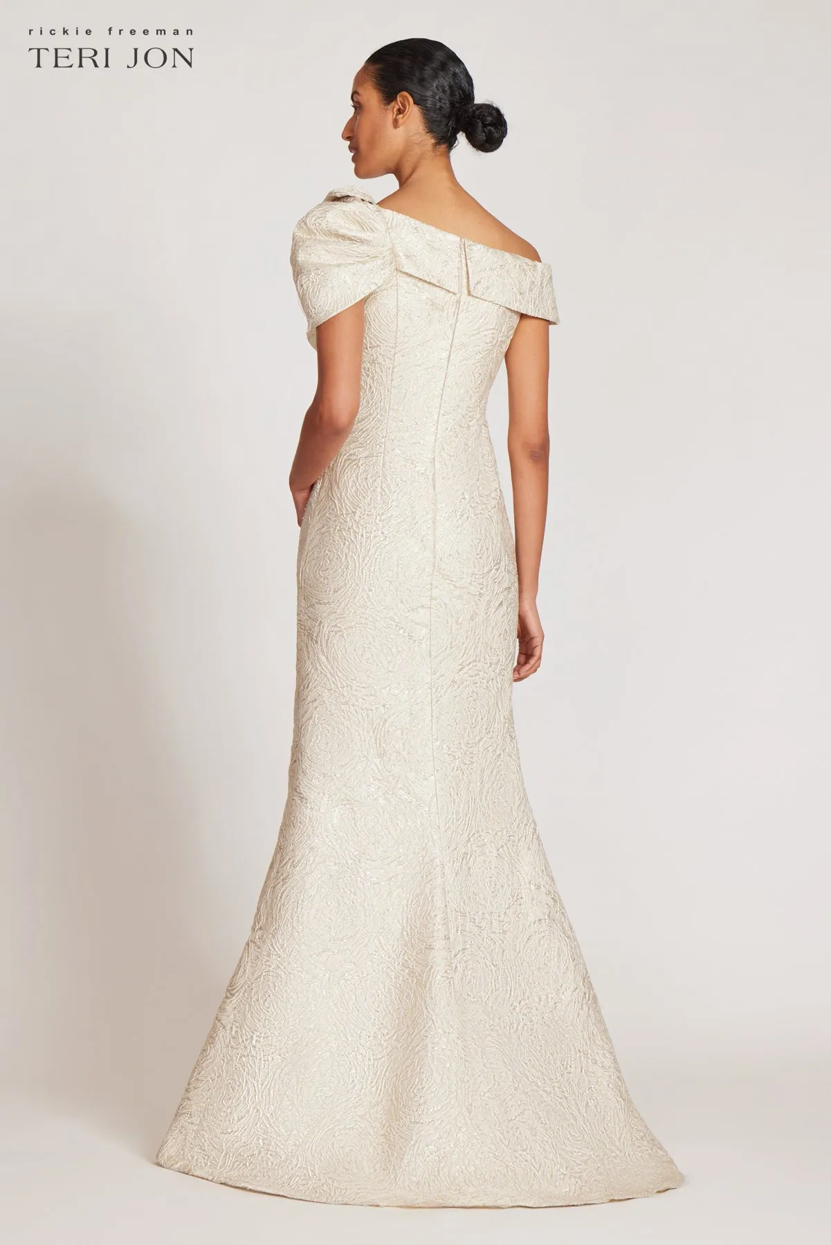 Metallic Jacquard Asymmetrical Gown sold by Teri Jon product image thumbnail 5