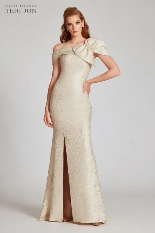 Metallic Jacquard Asymmetrical Gown sold by Teri Jon