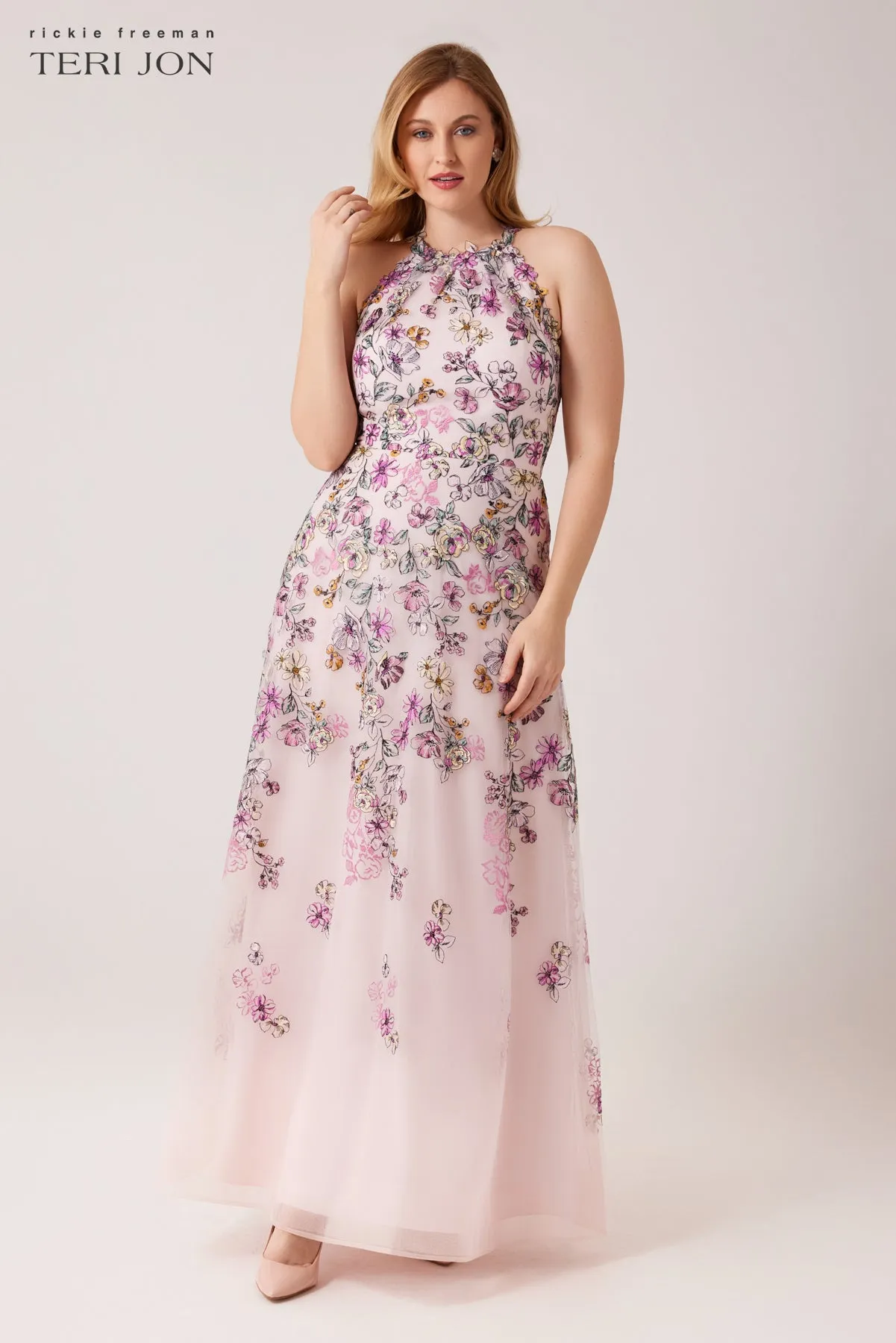 Tulle Floral Halter Gown sold by Teri Jon product image thumbnail 2