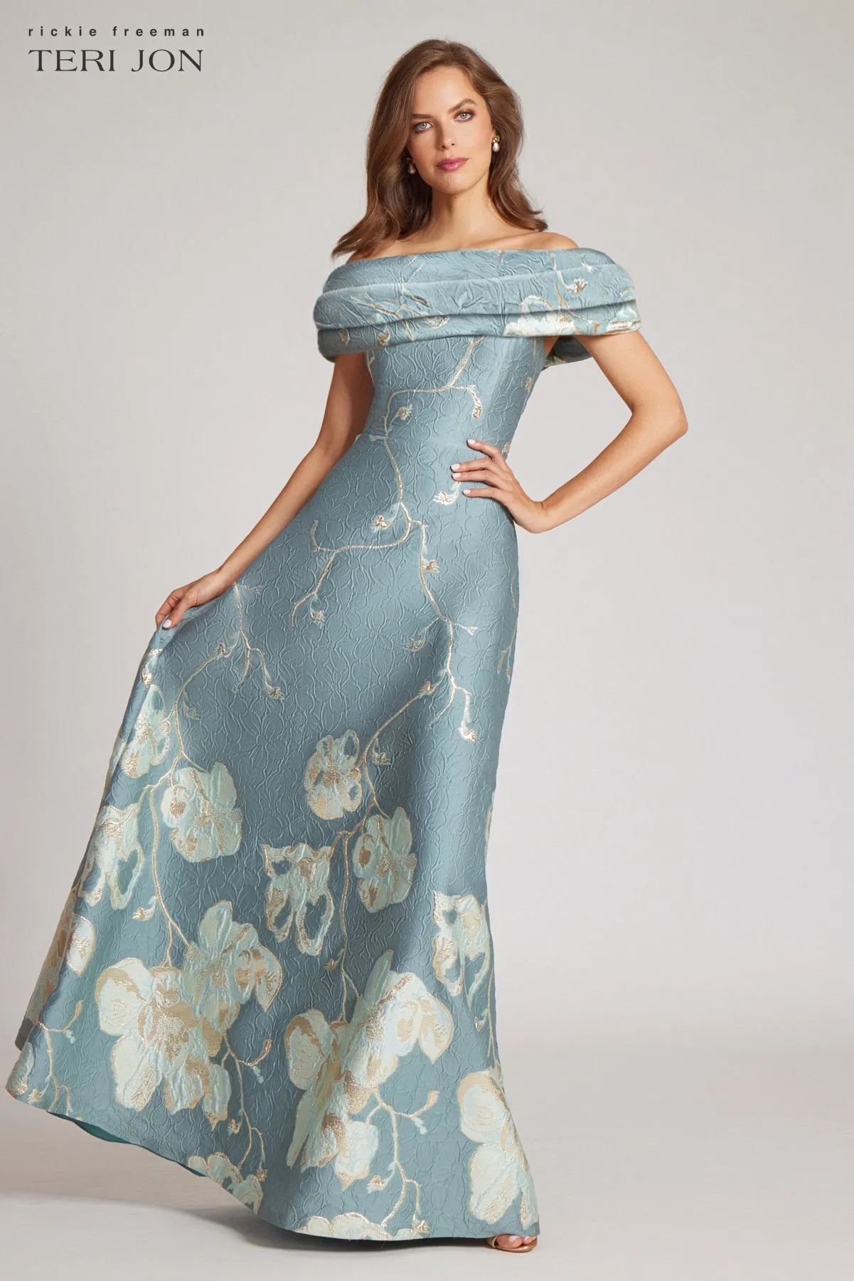 Off The Shoulder Floral Border Gown sold by Teri Jon