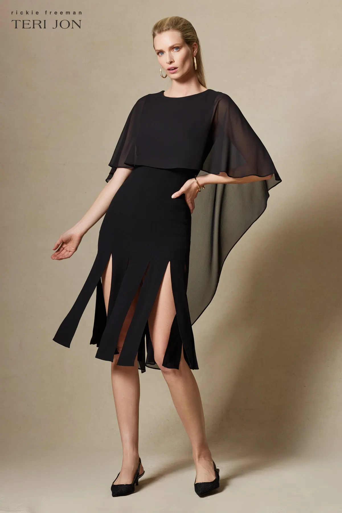 Chiffon Cape Dress With Cut Through Skirt sold by Teri Jon product image thumbnail 5