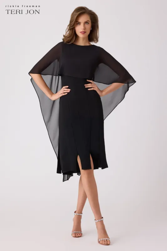 Chiffon Cape Dress With Cut Through Skirt sold by Teri Jon