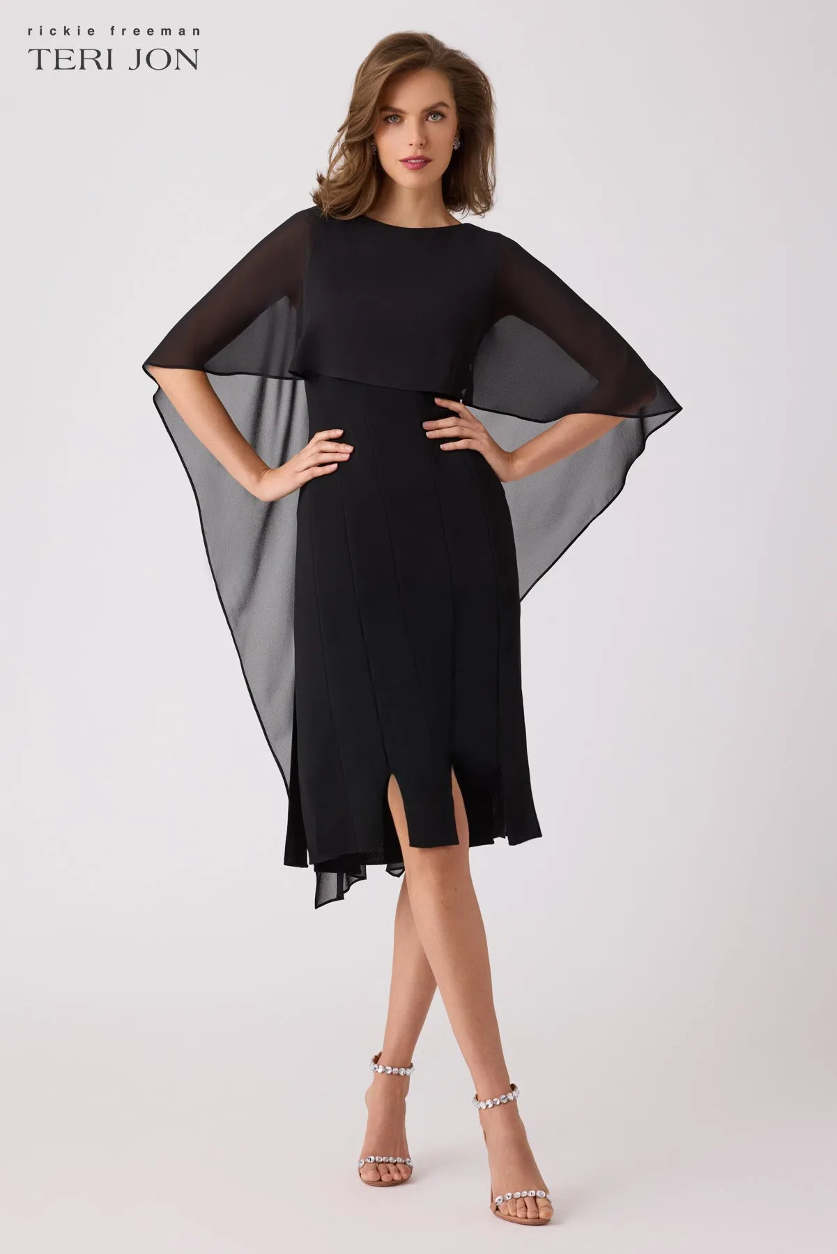 Chiffon Cape Dress With Cut Through Skirt sold by Teri Jon